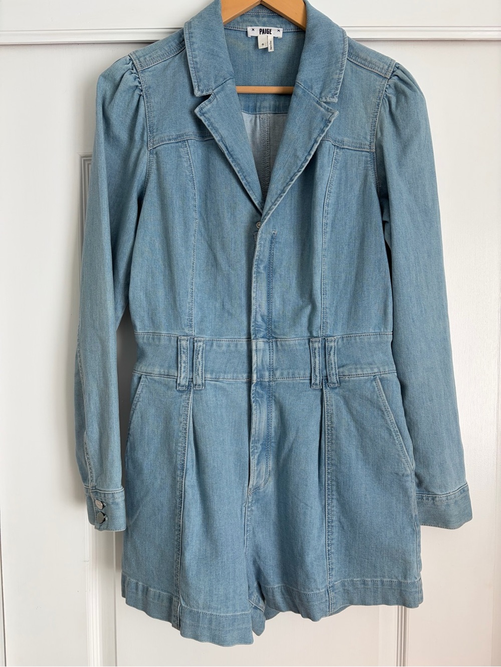 PAIGE Chambray Denim Romper Size 6 Puff Sleeve Belted Utility Jumpsuit